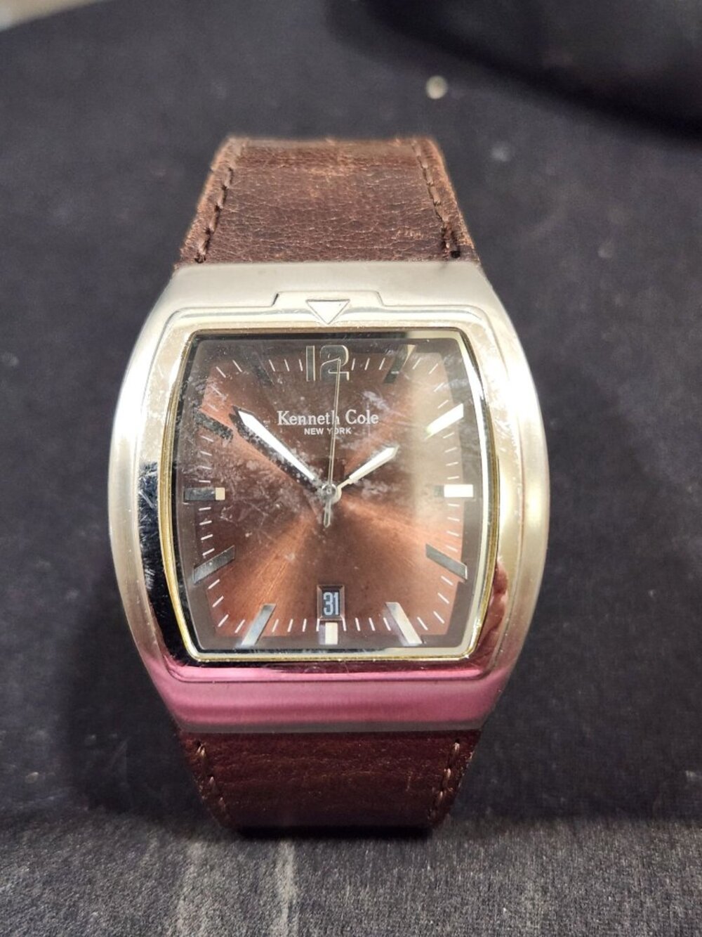 Kenneth Cole Mens Vintage Brown Dial Watch With Genuine Leather Strap & Stainles